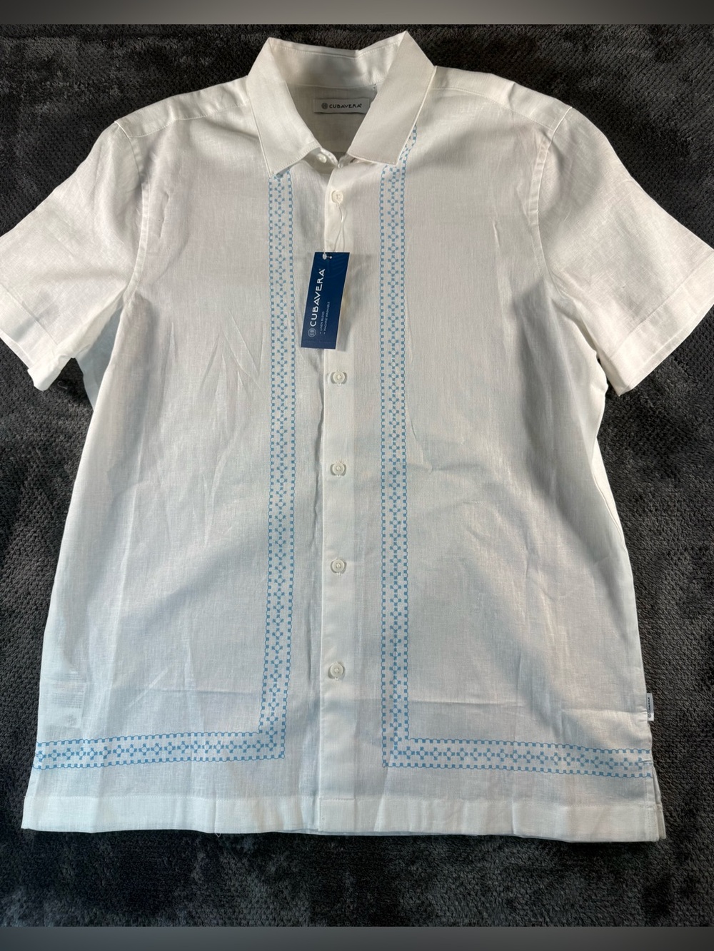 Cubavera White Short-Sleeve Guayabera with Light Blue Embroidery